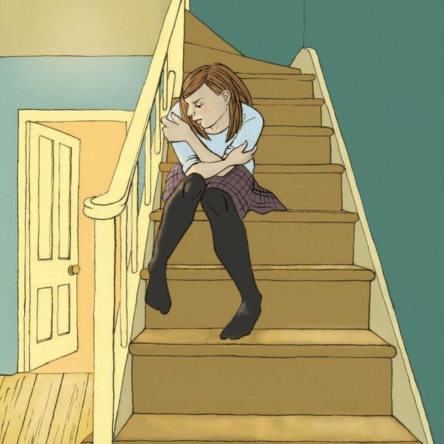 The female character sitting on the stairs