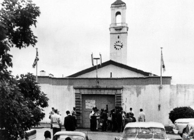 Picture released on 11 March 1968 of people sitting in front of Salisbury prison, after executions in Rhodesia, now Zimbabwe