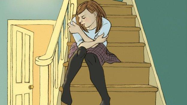 The female character sitting on the stairs