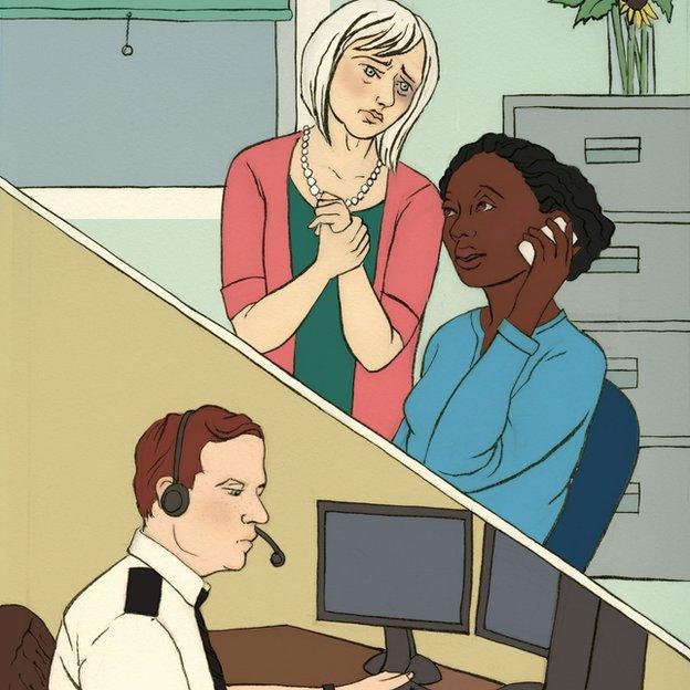 The mother character with a woman who is on the phone to the police