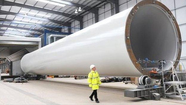 A wind turbine tower in the Mabey Bridge factory