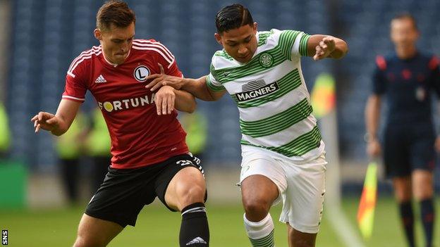 Celtic's Emilio Izaguirre (right) Legia Warsaw's Michal Zyro could tussle again in the Europa League knockout stages.