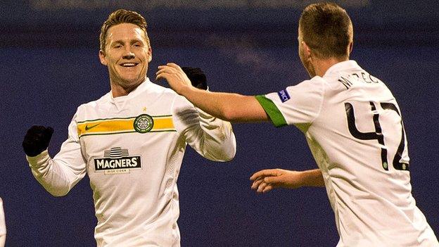 Kris Commons celebrates scoring against Dinamo Zagreb