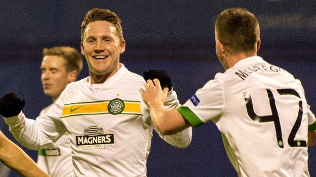 Kris Commons celebrates scoring against Dinamo Zagreb