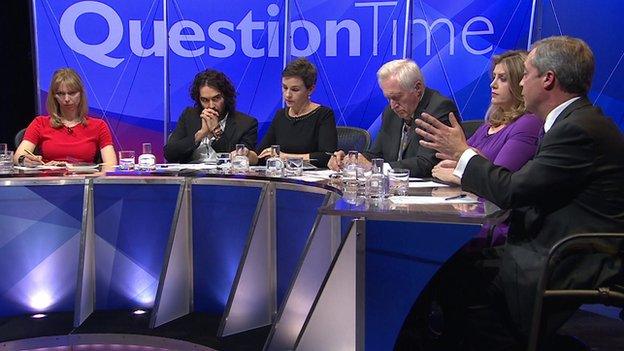 Russell Brand and fellow panellists on the BBC's Question Time