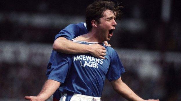 Ally McCoist celebrating after scoring for Rangers in 1992