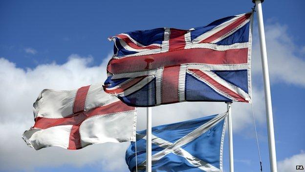 English, Scottish and Union flags