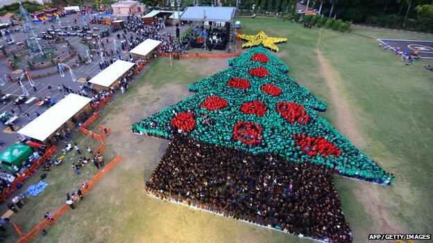 People forming a human Christmas tree