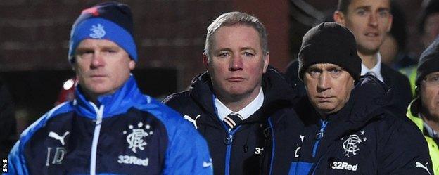 Ian Durrant, Ally McCoist and Kenny McDowall on the sidelines in Dumfries