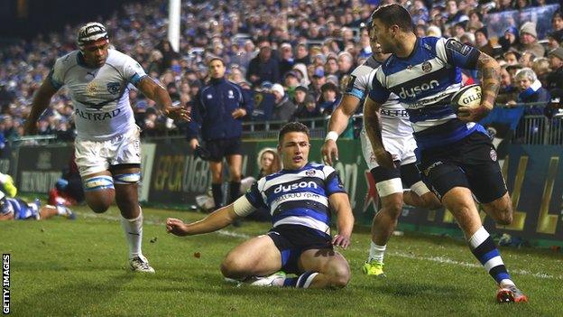 Sam Burgess watches on as Matt Banahan score Bath's first try on Friday against Montpellier