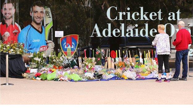 Floral tributes to Phil Hughes at the Adelaide Oval