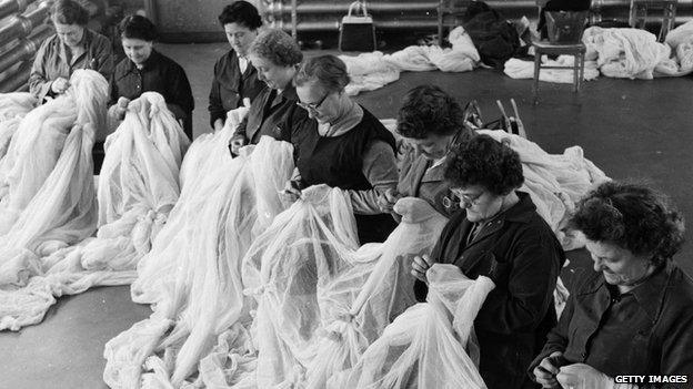 Checking lace in a factory, 1959