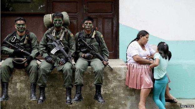 Members of the Bolivian combined forces of army and police at their headquarters n Chimore, east La Paz, 2014