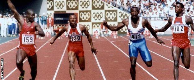 1988 Olympic 100m final shows Ben Johnson winning