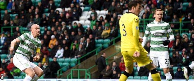 Scott Brown (far left) scores for Celtic against St Mirren