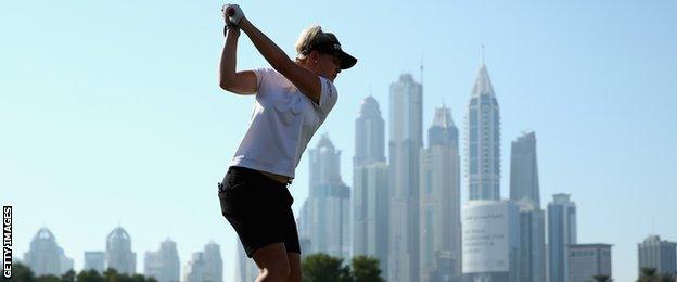 Charley Hull tees off on the eighth hole during the third round of the Omega Dubai Ladies Masters