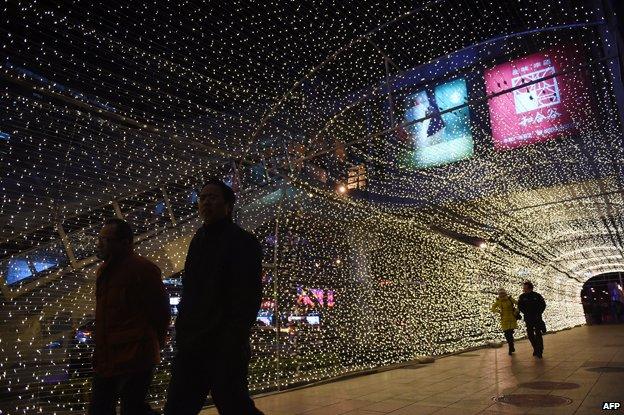 Christmas lights at a shopping mall in Beijing.