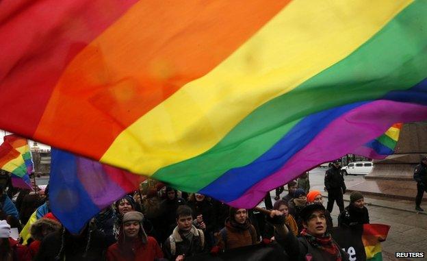 Gay activists in "march against hatred" in November 2014 in St Petersburg