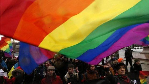 Gay activists in "march against hatred" in November 2014 in St Petersburg