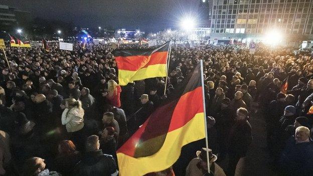 Protest march by Pegida in Dresden. 15 Dec 2014