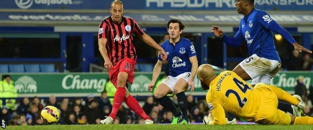 QPR striker Bobby Zamora scores against Everton