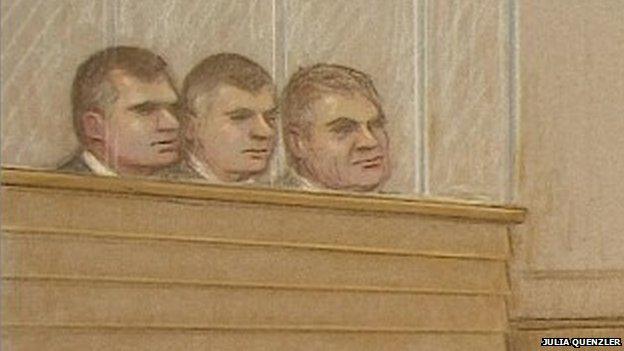 Court drawing of Terence Hughes, Colin Kaler and Stuart Tribelnig