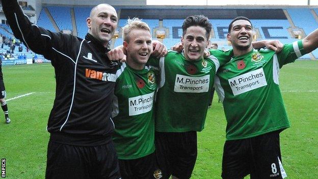 Carl Heeley, Danny Jackman, George Williams and Ellis Deeney celebrate City's first round win at Coventry
