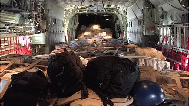 Inside C130 cargo plane