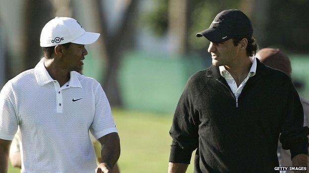 Roger Federer joins Tiger Woods during a practice round at the CA Championship