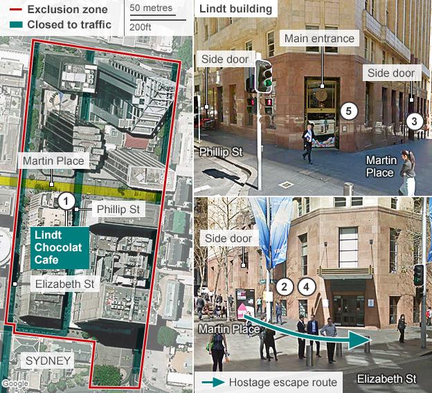 Map and timeline of the Sydney siege