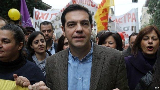 Leader of Syriza party Alexis Tsipras (C) participates at a demonstration in Athens, Greece, 27 November 2014