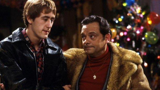 Nicholas Lyndhurst as Rodney Trotter and David Jason as Del Boy Trotter in Only Fools and Horses, Christmas Special, 1983.