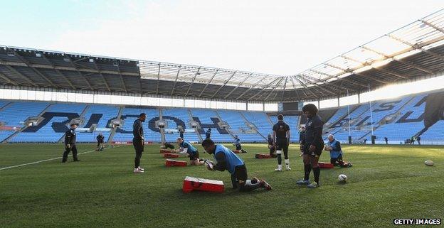 Wasps players training at the Ricoh Arena in Coventry