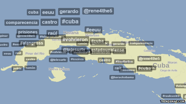 Trendsmap snapshot of Twitter trends in Cuba at 1730 GMT Wednesday: among the most prominent tags are the United States ("estadounidense" "eeuu"), Raul Castro, and Alan Gross.