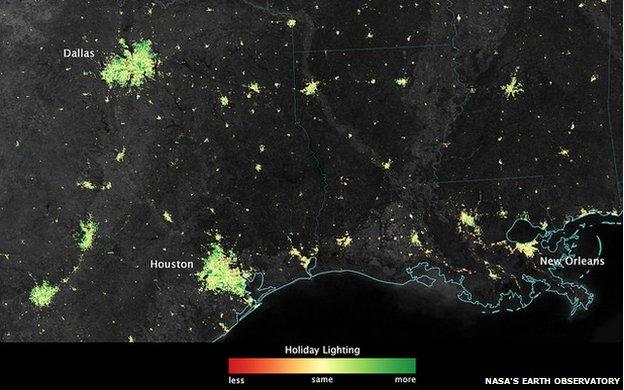 Dark green pixels reveal where lights are 50 percent brighter, or more, yellow means they are unchanged and red means there is a decrease