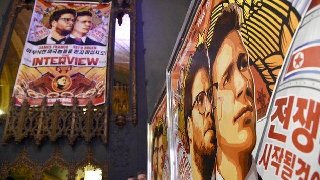 Posters for The Interview at The Theatre at Ace Hotel, Los Angeles. 17 Dec 2014