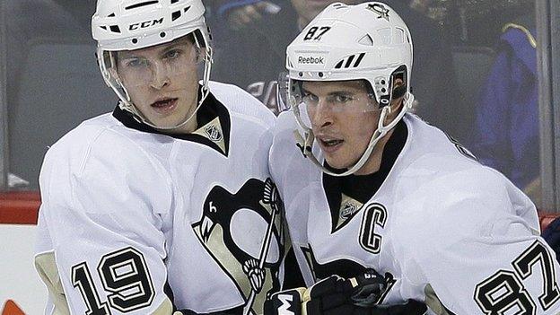 File image of Beau Bennett, left, and Sidney Crosby. 3 April 2014