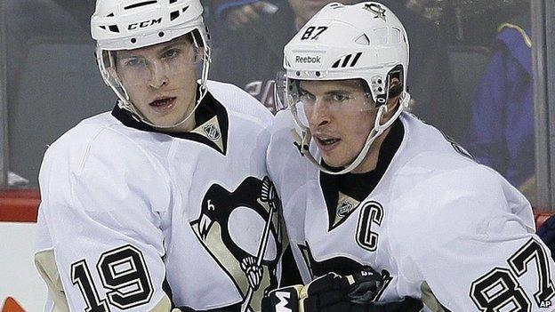 File image of Beau Bennett, left, and Sidney Crosby. 3 April 2014