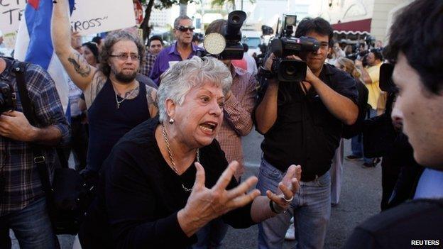 Anti-Castro activists protest in Little Havana in Miami, Florida 17 December 2014.