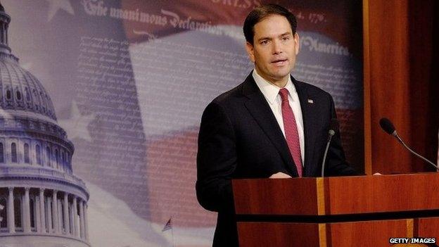 Sen. Marco Rubio (R-FL) reacts to U.S. President Barack Obama"s announcement about revising policies on US- Cuba relations in Washington, DC 17 December 2014