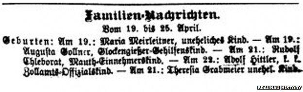 Birth announcement for Adolf Hitler in a local newspaper