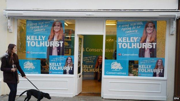 Conservative party posters for candidate Kelly Tolhurst in the Rochester and Strood by-election