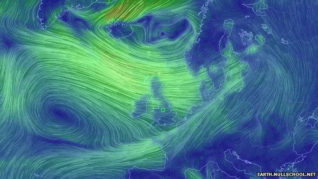 map showing wind over UK