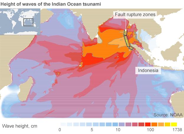 Map showing the wave height of the 2004 Indian Ocean tsunami