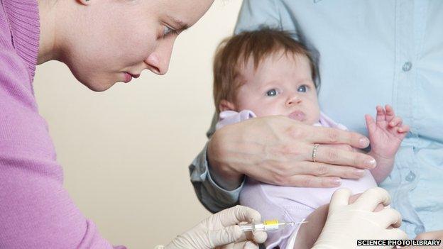 Baby having the DTP jab, which protects against whooping cough