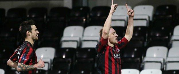 Former Dungannon striker Timmy Adamson celebrates after his first-half goal