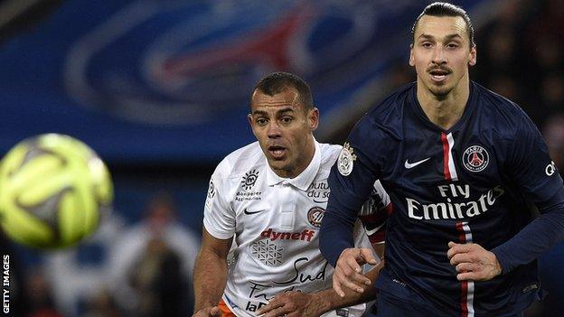 PSG striker Zlatan Ibrahimovic (right) and Montpellier defender Vitorino Hilton