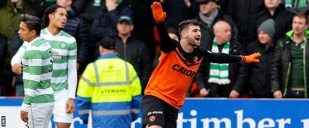 Nadir Ciftci celebrates after scoring for Dundee United against Celtic