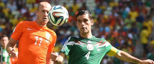 Netherlands' Arjen Robben and Mexico's Rafael Marquez