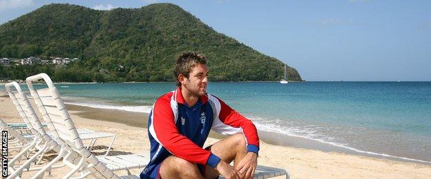 England's Liam Plunkett on a Caribbean beach in 2007